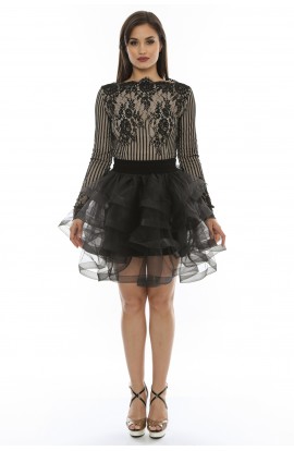 Rochie cocktail din dantela, crep de matase si tull cu fermoar pe spate