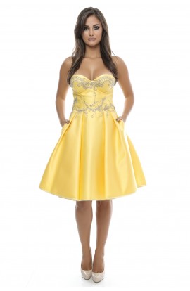 Rochie tafta galbena cu aplicatii manuale aurii