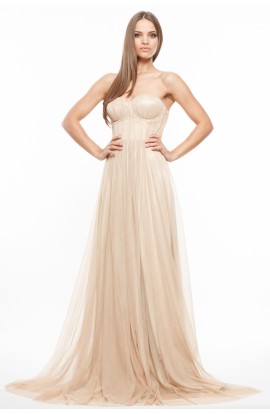Rochie seara din tull nude cu fronseuri si corset